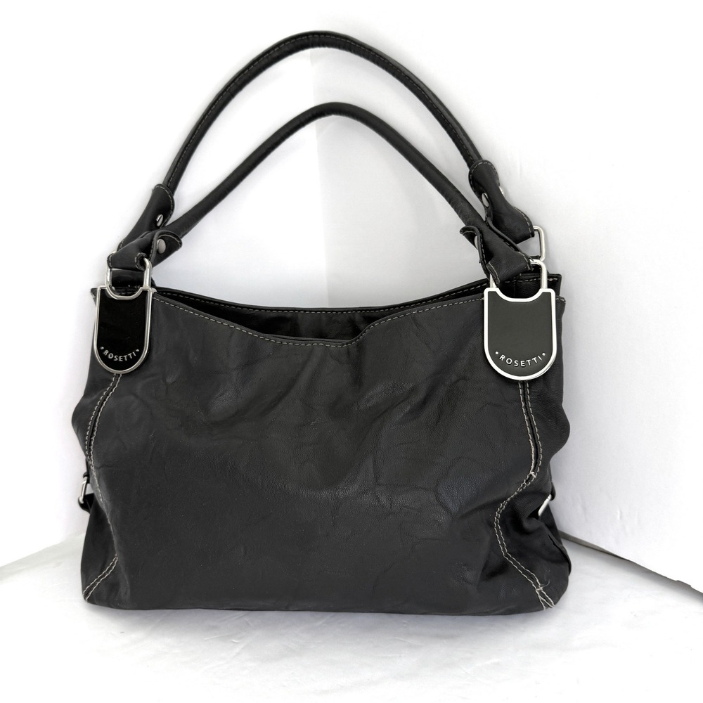 Rosettiโ Black Faux Leather Shoulder Bag Hobo Purse Contrast Stitch Multi Pocket